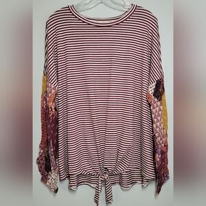 e.Luna Striped Burgundy Patchwork Sleeve Sweatshirt 2X NWOT